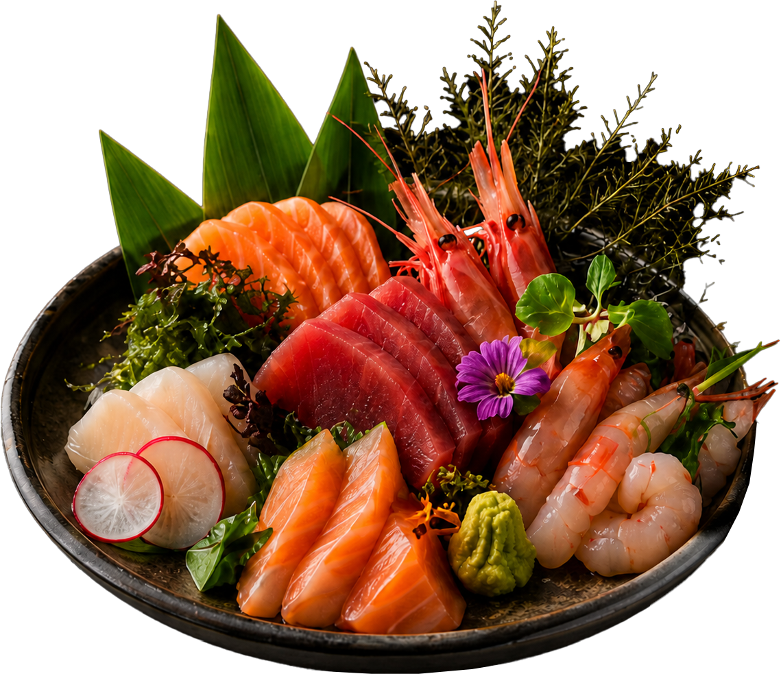 Plateau di sashimi misti con salmone, tonno e orata, ingredienti premium del buffet giapponese RAKU Parigi