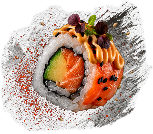 Spicy roll with salmon, avocado and spicy mayo, signature maki RAKU Paris